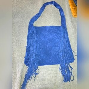 Blue Suede Leather Boho Fringe Shoulder Bag